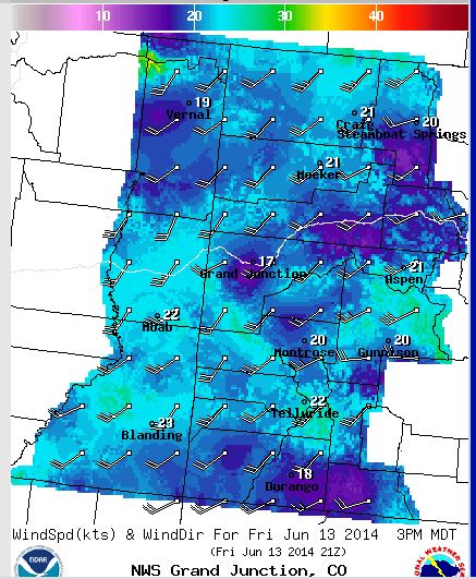 Durango wind forecast for noon Friday, Jun 13